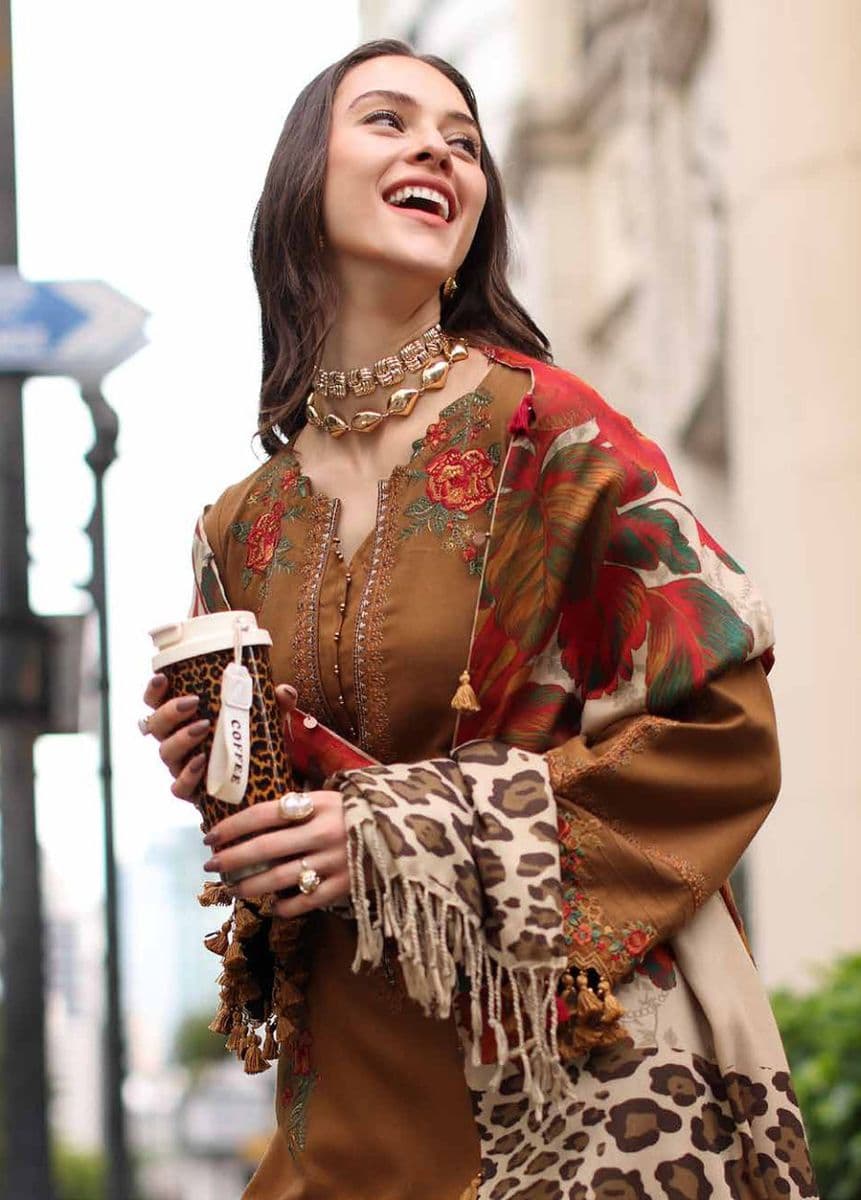 CHARIZMA - Poshima by Charizma Unstitched Embroidered Leather Peach 3 Piece Suit-CP2 (Photo 2)