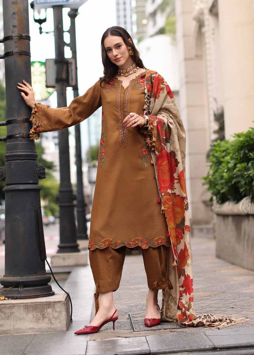 CHARIZMA - Poshima by Charizma Unstitched Embroidered Leather Peach 3 Piece Suit-CP2 (Photo 1)
